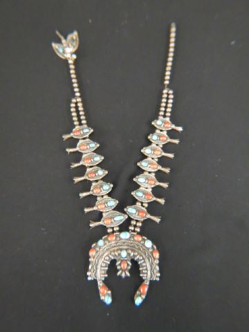 Appraisal: Indian Squash Blossom Necklace turquoise and coral early long