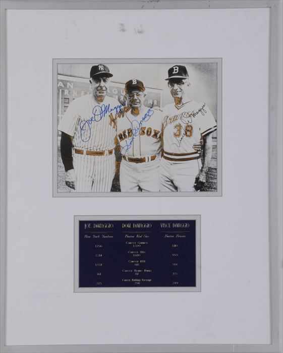 Appraisal: DIMAGGIO JOE DOM AND VINCE PHOTOGRAPH SIGNED BY ALL THREE