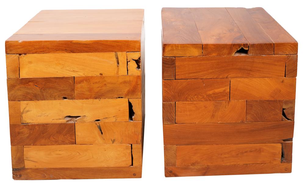 Appraisal: PAIR OF CONTEMPORARY WOOD CUBE TABLESwith burls and naturally occurring