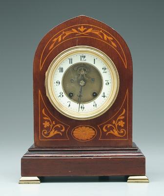 Appraisal: Inlaid mahogany key wind shelf clock brass feet open escapement