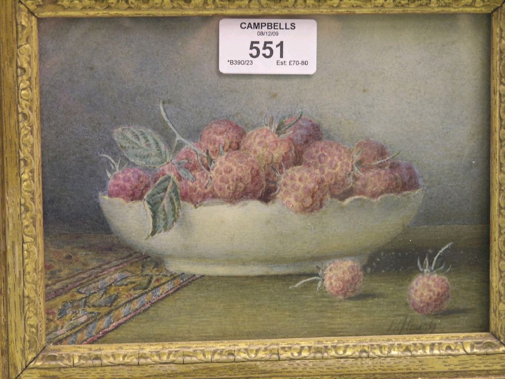 Appraisal: P B Hurley - watercolour still life raspberries in a