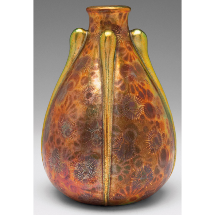 Appraisal: Fine Zsolnay vase bulbous shape with four applied tendrils beautifully