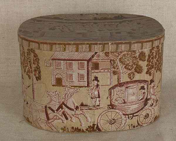 Appraisal: Connecticut wallpaper hat box th c the lid decorated with