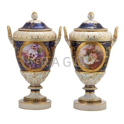 Appraisal: PAIR OF KPM PORCELAIN URNS Hand-painted with genre scenes in