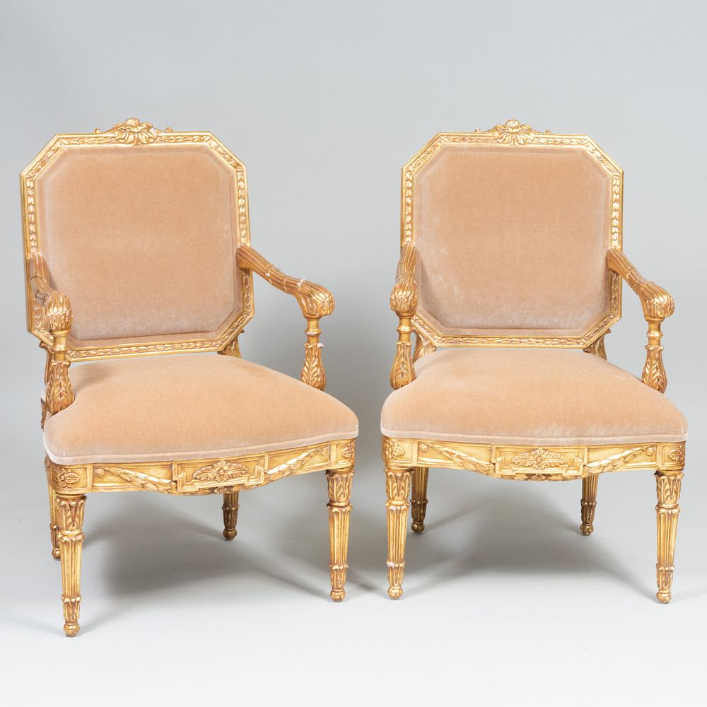 Appraisal: Pair of Italian Neoclassical Style Giltwood Armchairs x x in