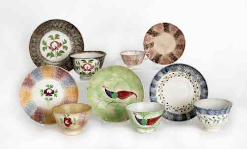 Appraisal: Collection of spatter cups and saucers th c to include