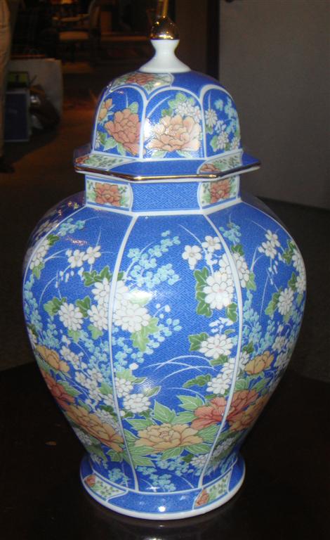 Appraisal: JAPANESE STYLE ECHO OCTAGONAL BLUE AND FLORAL COVERED JAR h