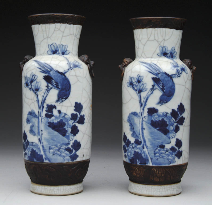 Appraisal: TWO ORIENTAL CRACKLE GLAZE VASES Body decorated with blue design