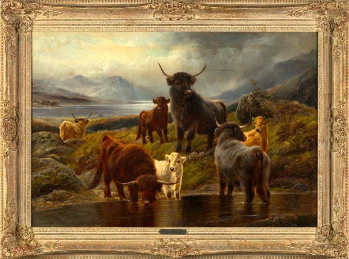 Appraisal: Robert Watson British - Highland Cattle Watering oil on canvas