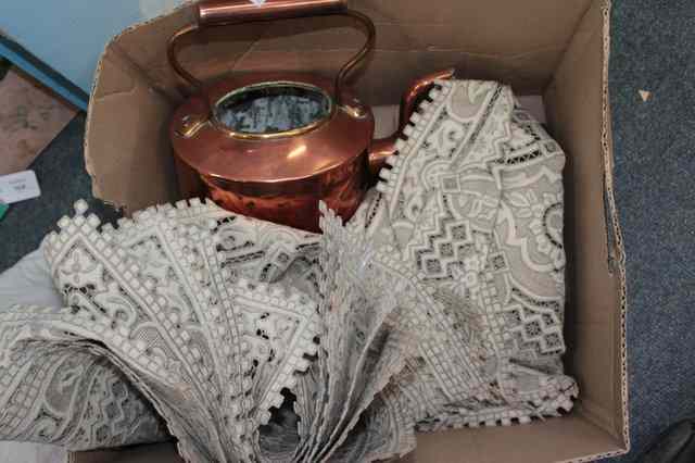 Appraisal: MISCELLANY to include a copper kettle and table linen