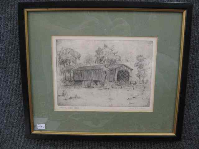 Appraisal: Max Ferekes etching covered bridge overCedar Creek '' X ''