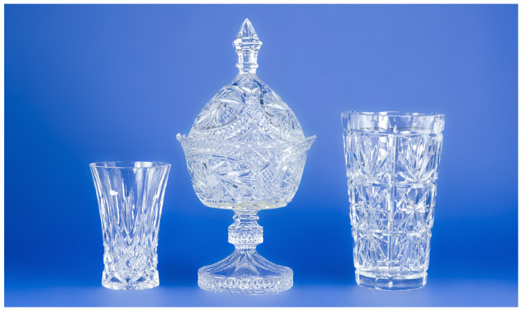 Appraisal: Two Cut Glass Vases and cut glass lidded stemmed decorative