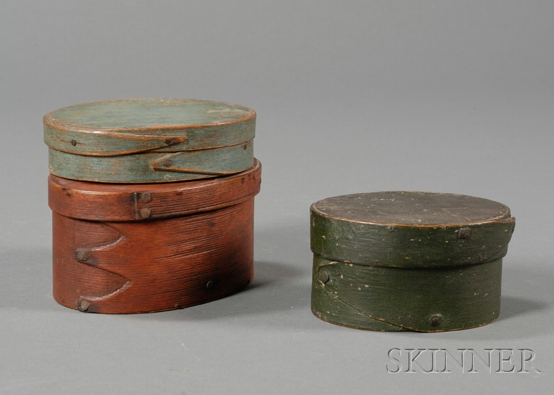 Appraisal: Three Small Painted Lapped-seam Covered Oval Boxes America th century