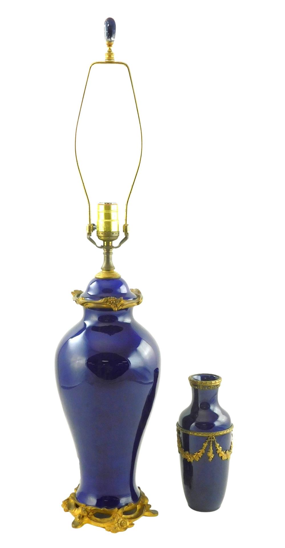 Appraisal: French cobalt blue vase and covered jar with ormolu late