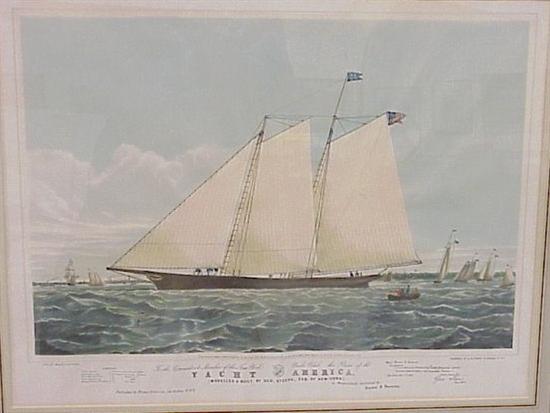 Appraisal: Yacht America lithograph by Brown Severn matted and framed warped