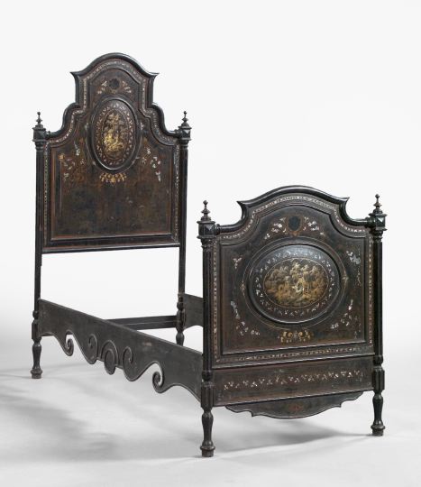 Appraisal: Good French Tole-Painted and Mother-of-Pearl-Inset Metal Twin Bed third quarter