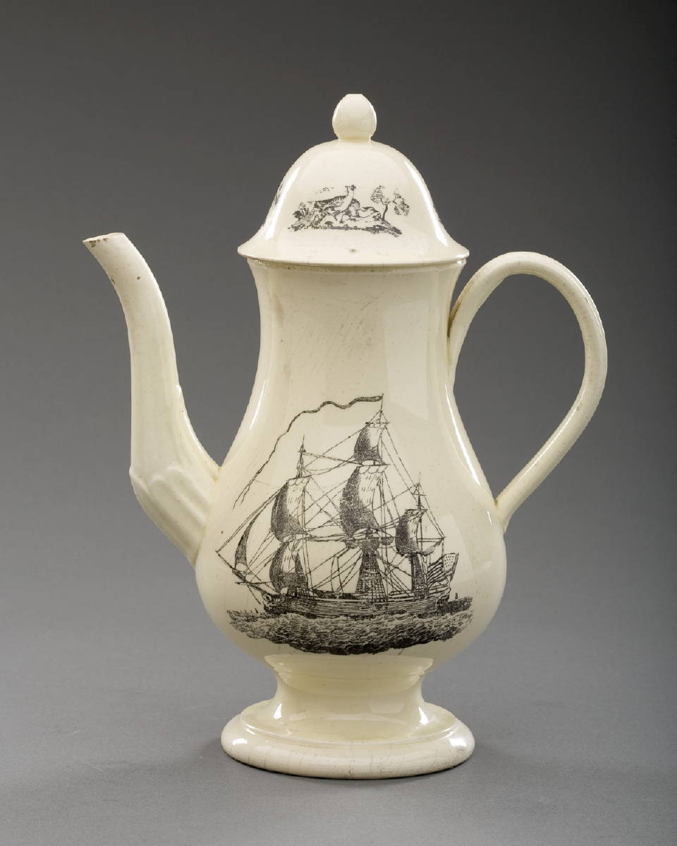 Appraisal: AMERICAN SHIP AND EAGLE ' ENGLISH CREAMWARE BLACK TRANSFER-PRINTED COFFEEPOT