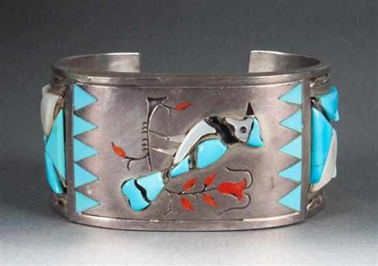 Appraisal: Silver and inlaid stone bird motif cuff bracelet marked ''