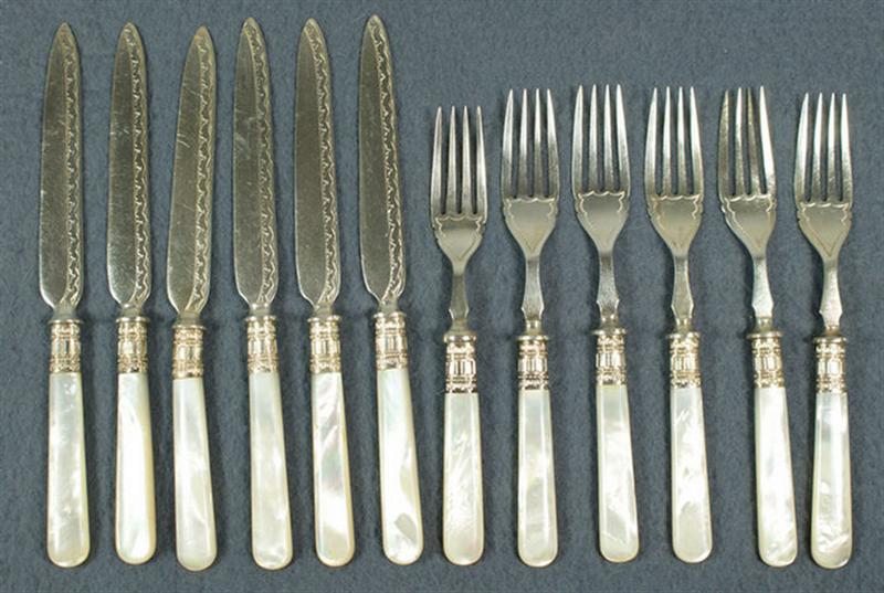 Appraisal: pc plated silver and MOP fruit set forks knives longest