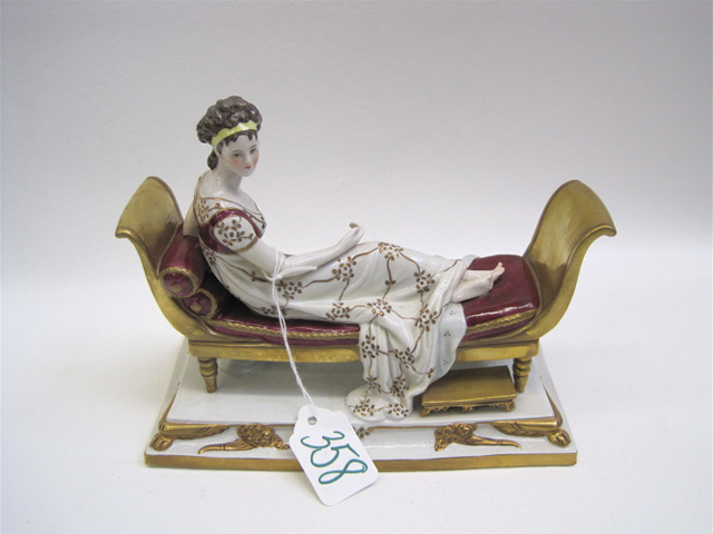 Appraisal: GERMAN PORCELAIN FIGURINE of Madame Recamier reclining on empire sofa