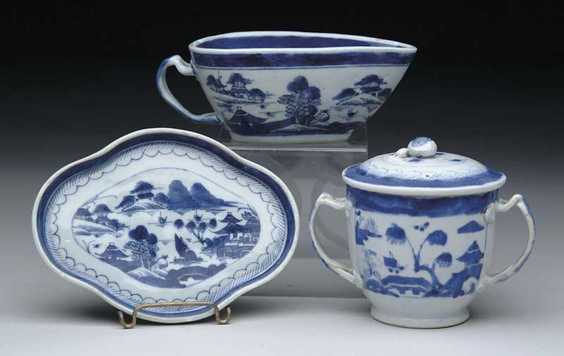 Appraisal: THREE PIECES OF BLUE AND WHITE CANTON l strap handled