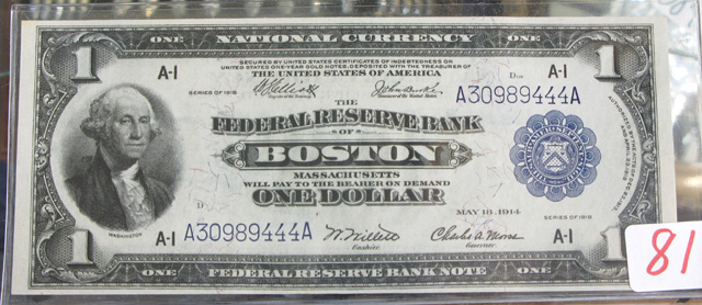 Appraisal: LARGE SIZE U S ONE DOLLAR FEDERAL RESERVE BANK NOTE