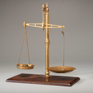 Appraisal: A Brass and Mahogany Patent 'Agate Balance' Beam-Scale English th