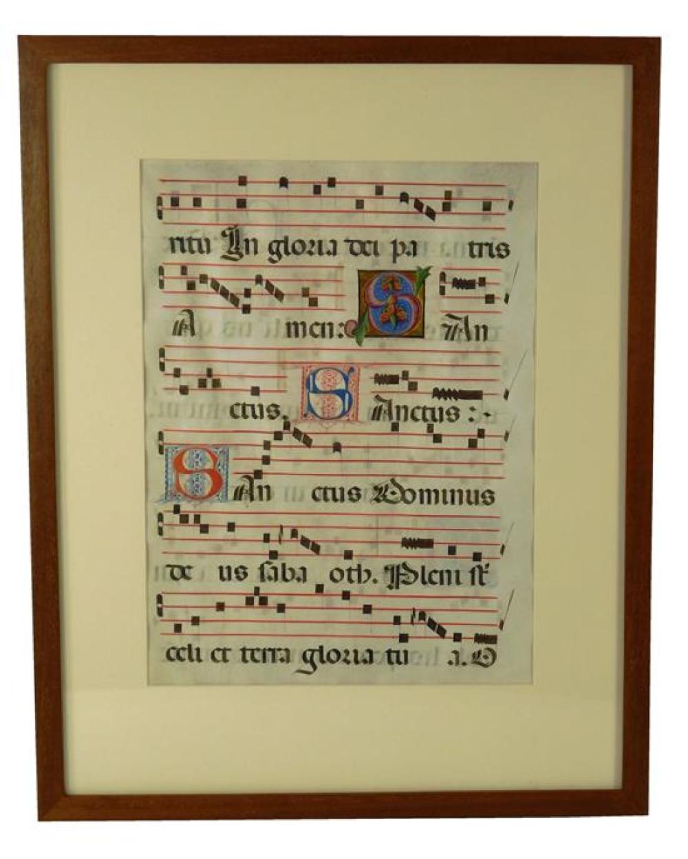 Appraisal: Illuminated antiphonal music sheet double sided on vellum custom framed