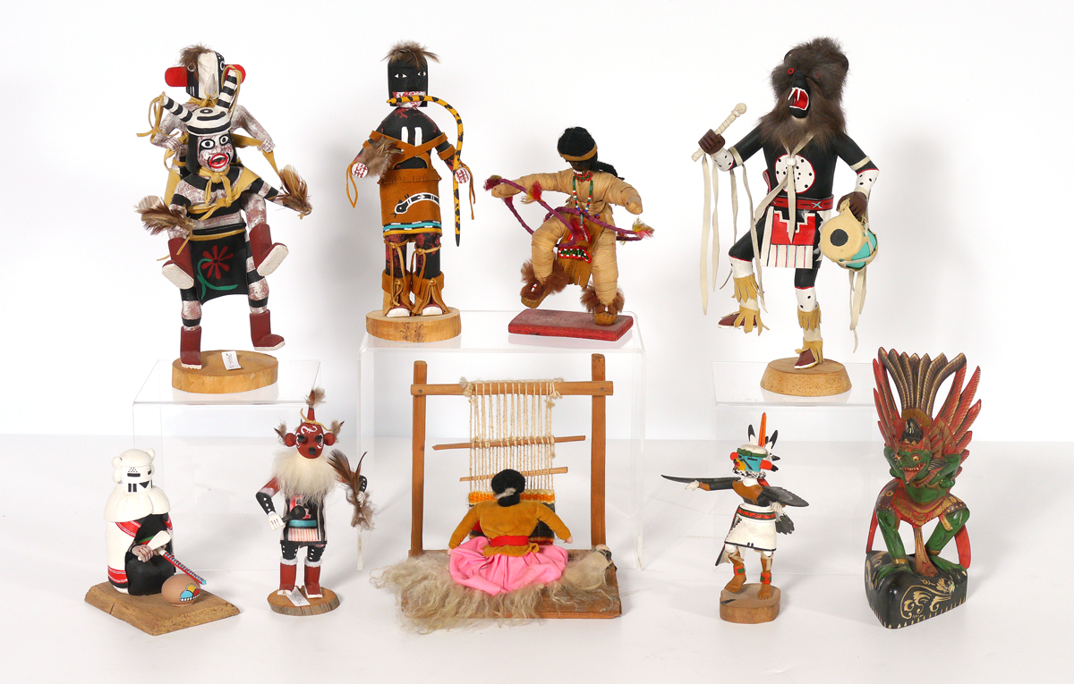 Appraisal: COLLECTION OF SOUTHWEST KACHINA FIGURES MORE Kachinas to include Clown