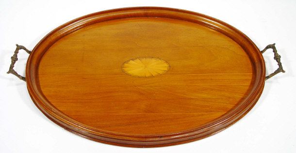 Appraisal: Edwardian inlaid walnut oval tray with brass handles cm in