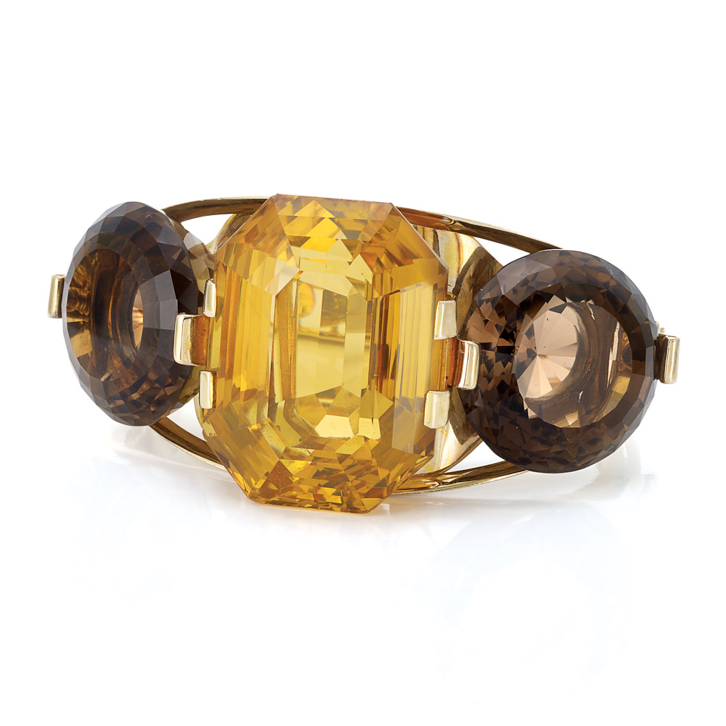 Appraisal: Gold Citrine and Smoky Quartz Cuff Bangle Bracelet Centering one