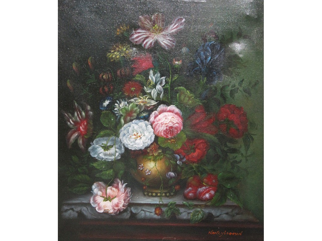 Appraisal: NANCY LEEMAN Oil on canvas flower study signed