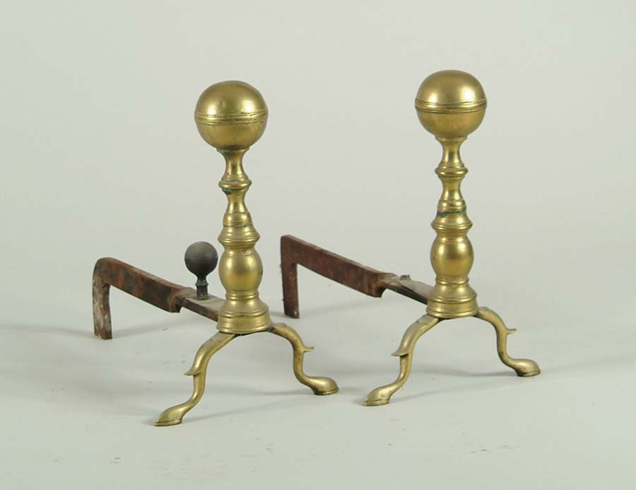 Appraisal: PAIR OF BALL TOP BRASS ANTIQUE ANDIRONS One has matching