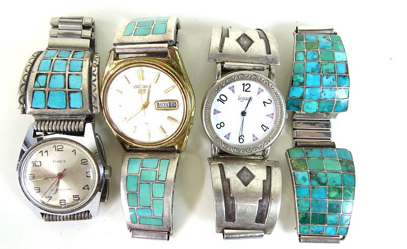 Appraisal: Four Navajo Turquoise Sterling Silver Watch Four Navajo Turquoise Sterling