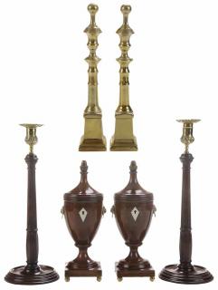 Appraisal: Pair Candlesticks Tea Caddies and Ring Finials English pair mahogany