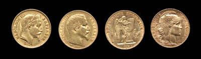 Appraisal: Four French gold Franc coins two Napoleon III -BB wreath