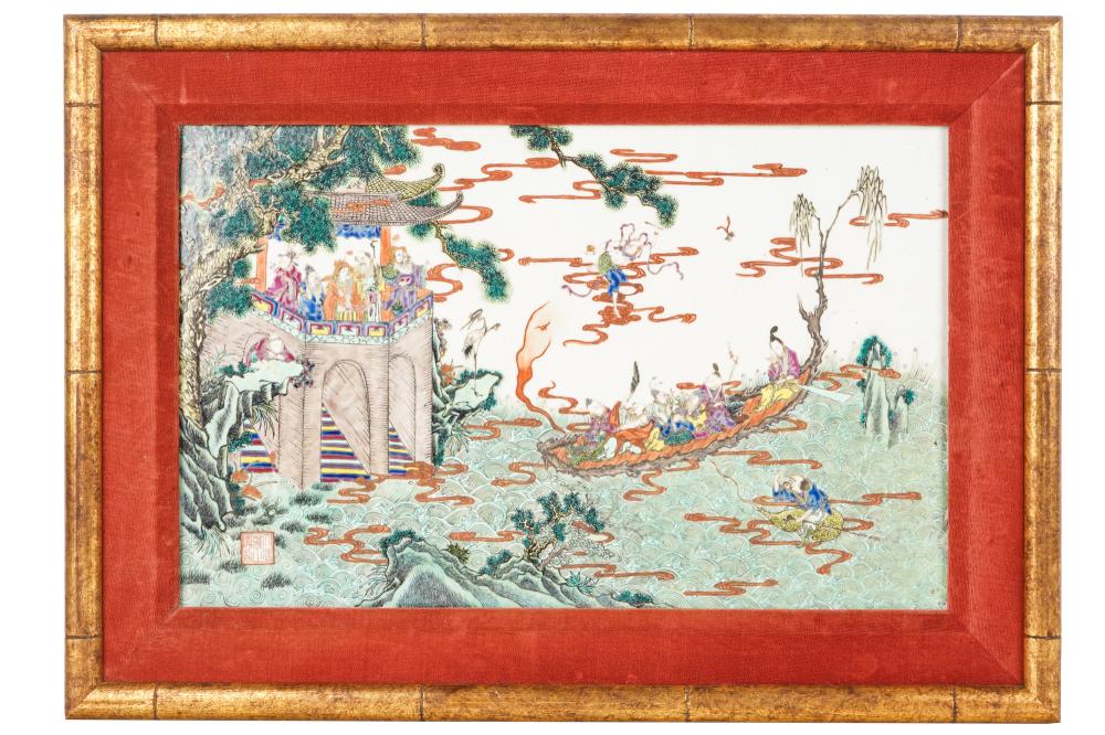 Appraisal: CHINESE FAMILLE VERTE PORCELAIN LANDSCAPE PLAQUEsigned lower left Condition paper