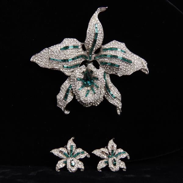 Appraisal: KTF Trifari 'Alfred Philippe' Pave and Emerald Orchid Trembler Brooch