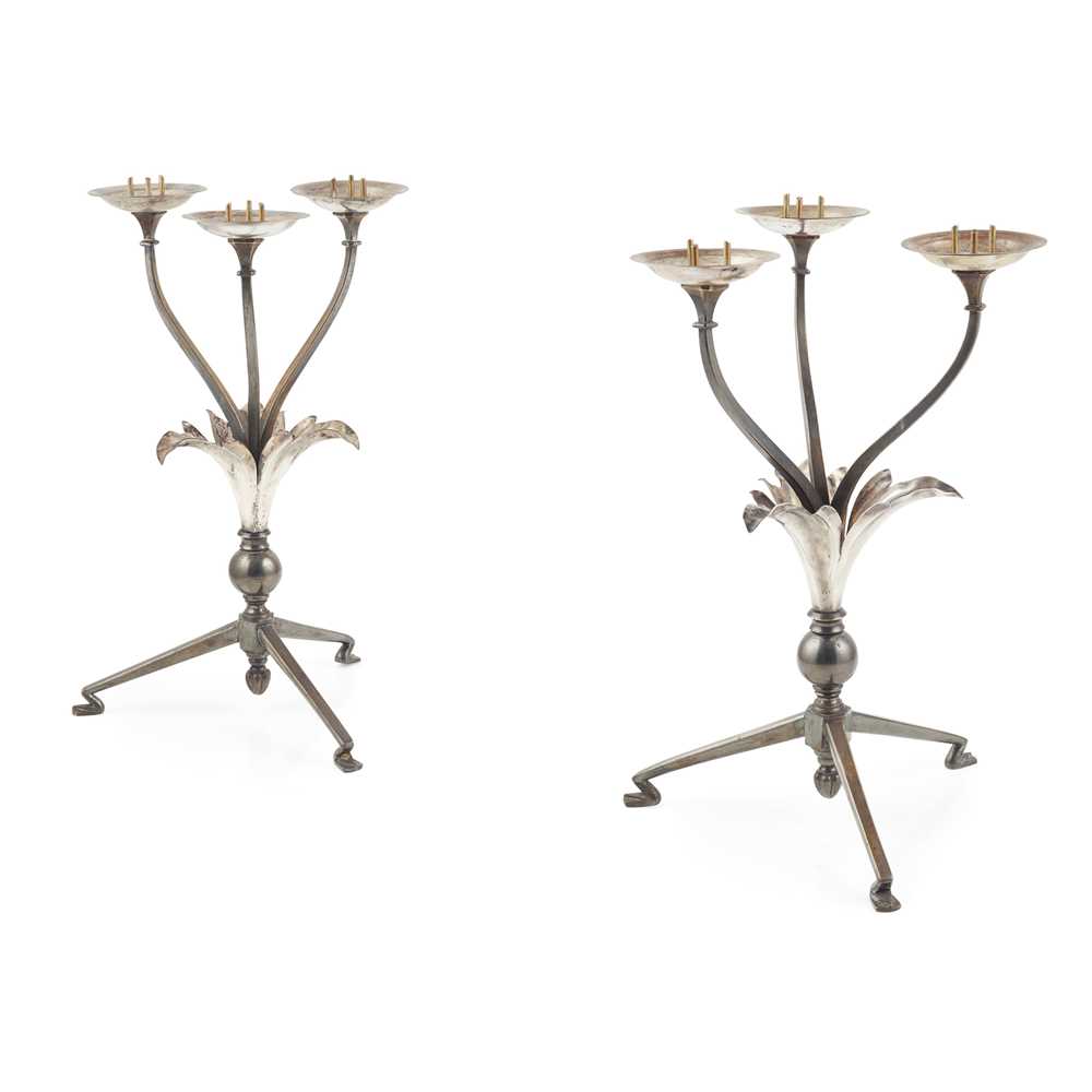 Appraisal: W A S BENSON - PAIR OF THREE-LIGHT CANDLESTICKS CIRCA