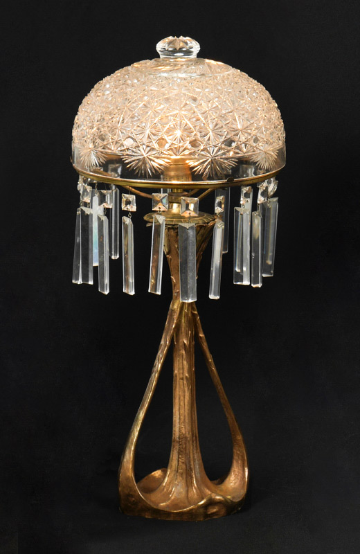 Appraisal: BRONZE ART NOUVEAU CUT GLASS LAMP A marriage of several