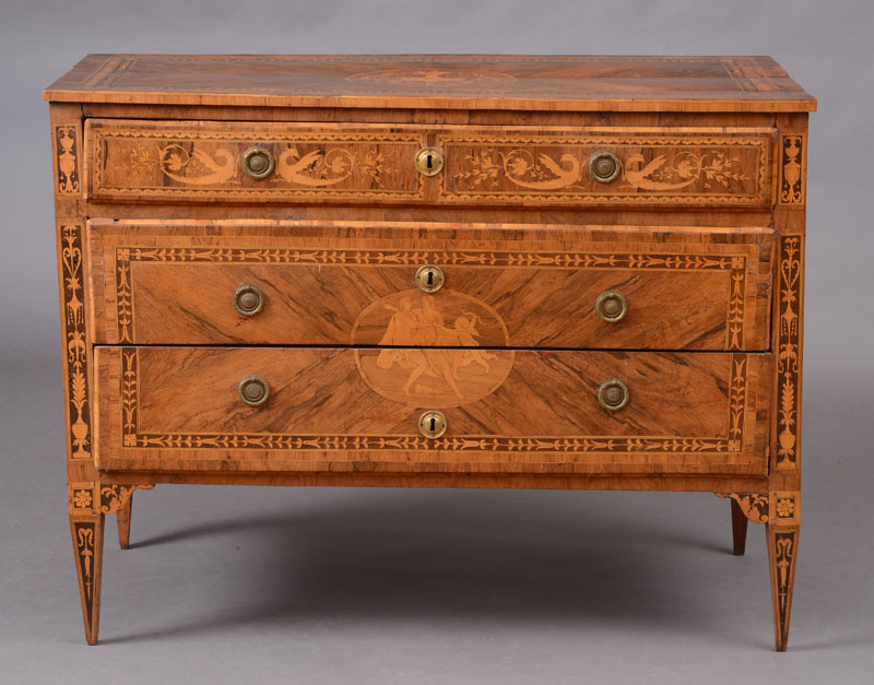 Appraisal: FINE ITALIAN NEOCLASSICAL WALNUT AND FRUITWOOD MARQUETRY AND PARQUETRY COMMODE