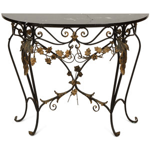 Appraisal: A Parcel Gilt Wrought Iron Marble-Top Console Table th Century