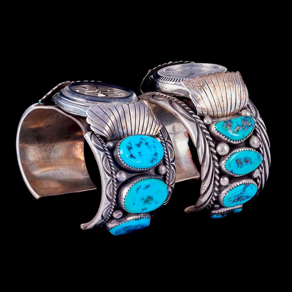 Appraisal: NAVAJO WATCH CUFF BRACELETS Two turquoise and silver old pawn