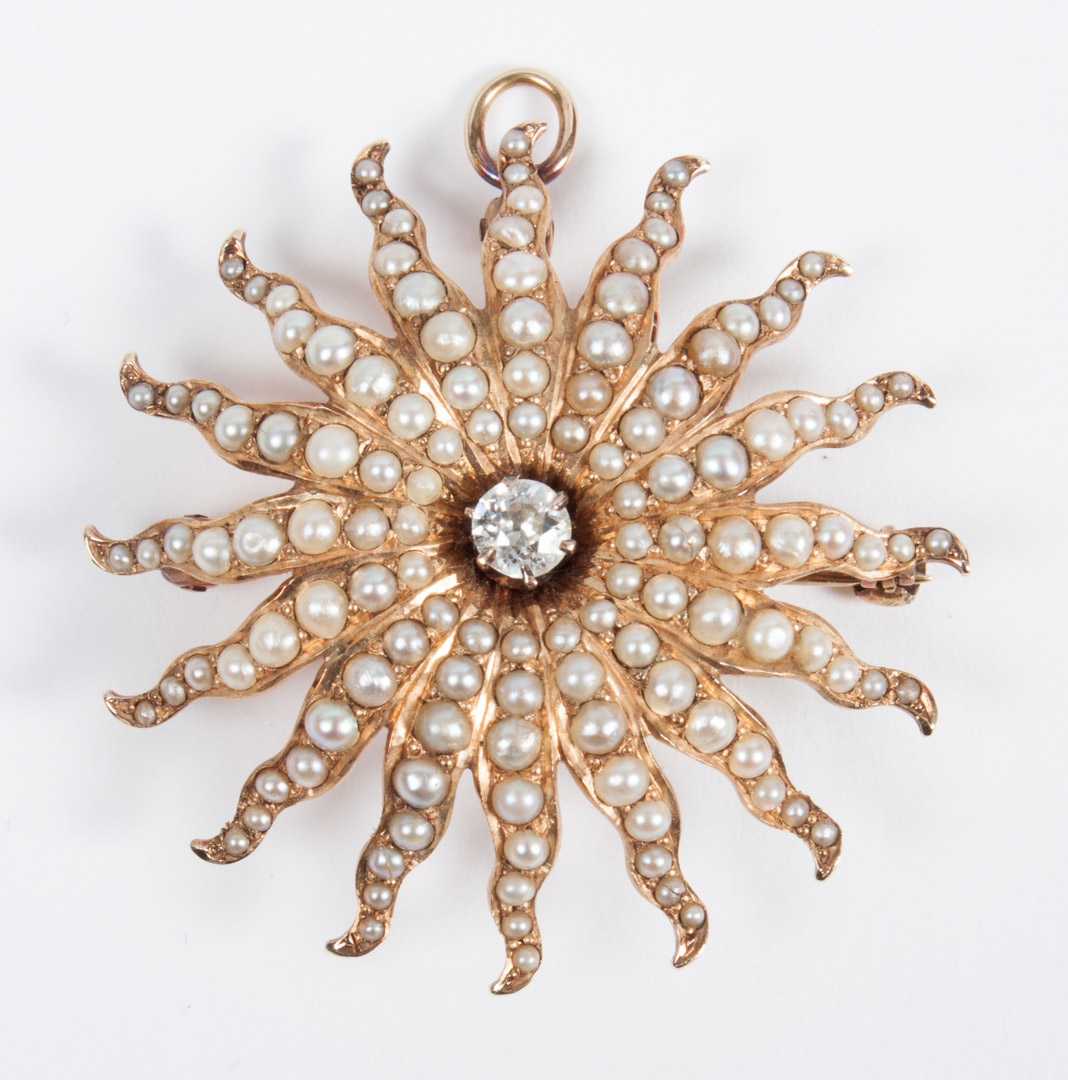 Appraisal: Gold diamond seed pearl sunburst brooch pendant centering a mine-cut