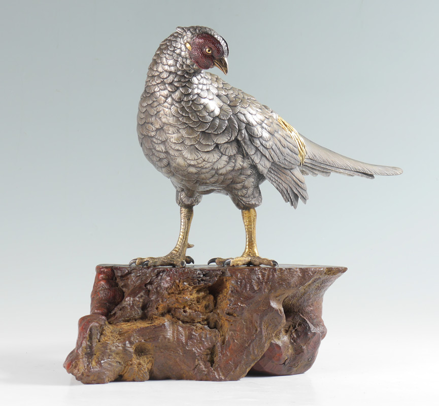 Appraisal: IMPORTANT ATSUYOSHI saku MEJI PERIOD BRONZE PHEASANT Articulate mixed metal