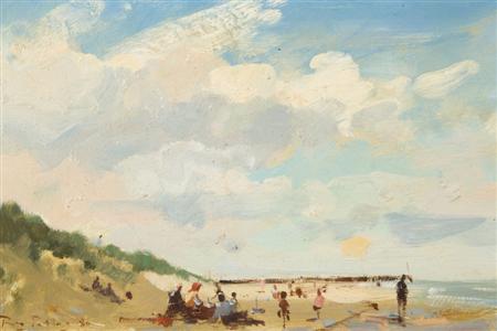 Appraisal: ROY PETLEY B BEACH SCENE Oil on board cm x