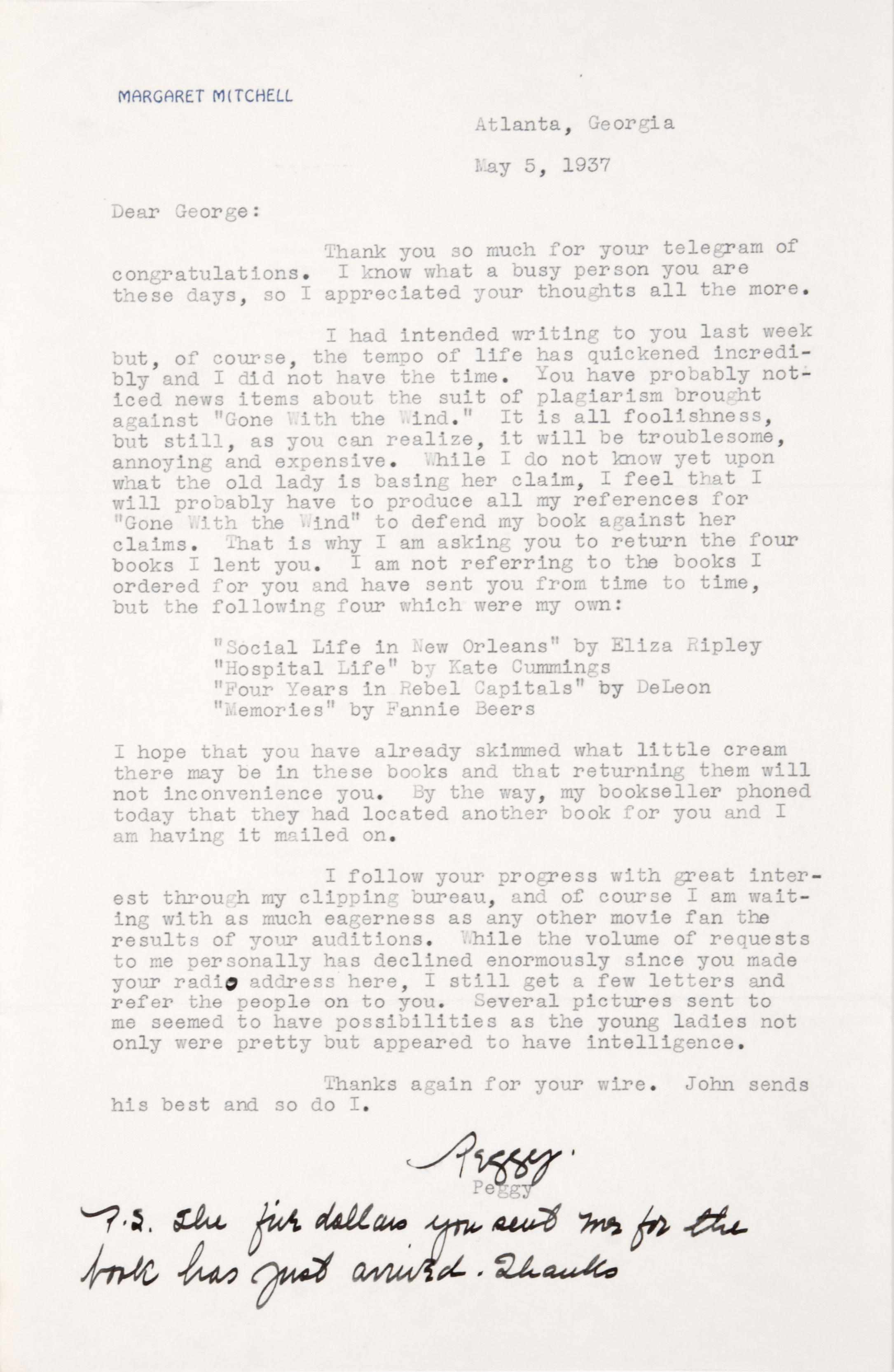 Appraisal: MITCHELL MARGARET Typed Letter Signed ''Peggy'' p to Atlanta GA