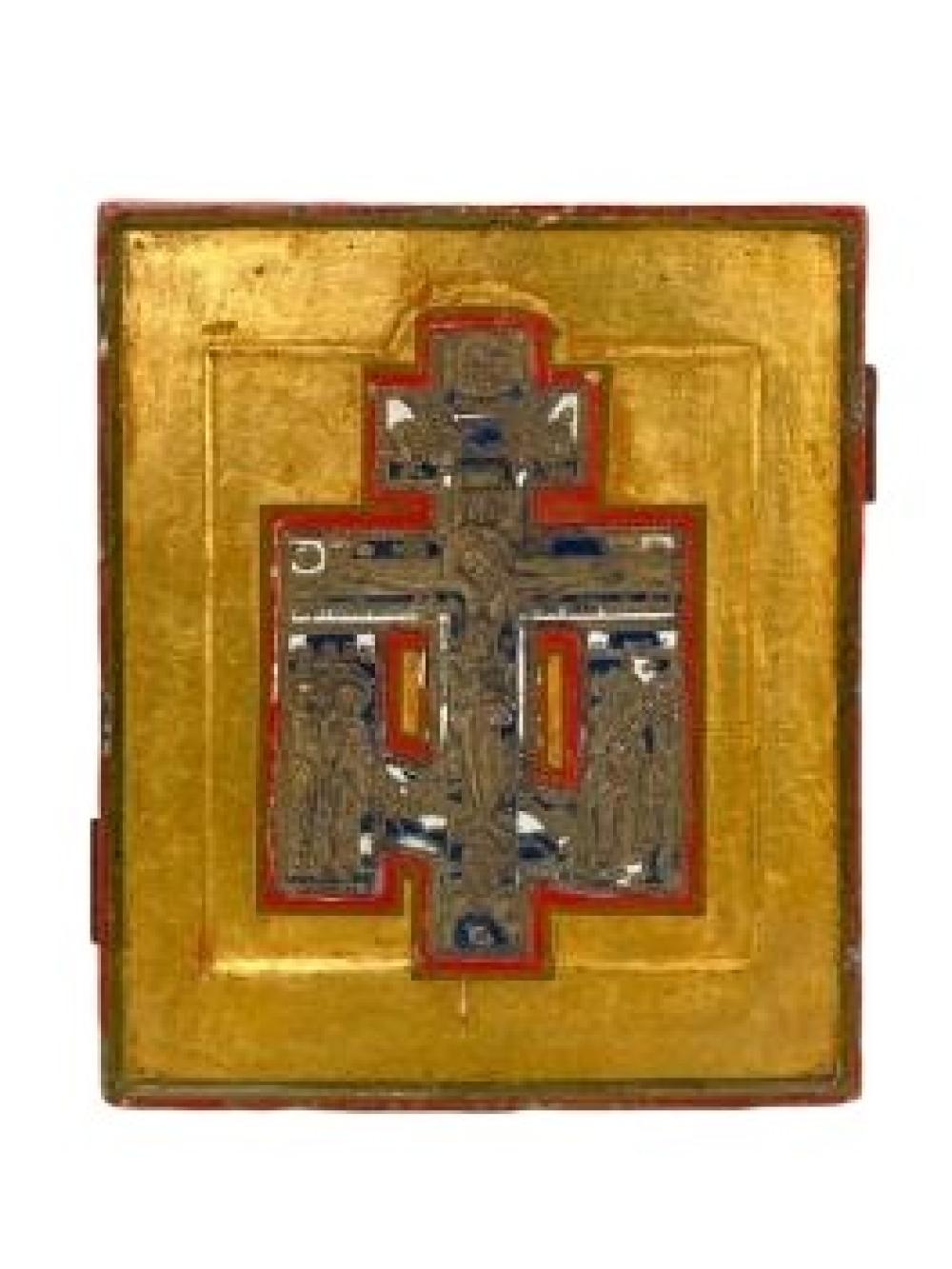 Appraisal: CHRIST CRUCIFIXION RUSSIAN ORTHODOX ICON WITH INLAID ENAMELED BRONZE AND