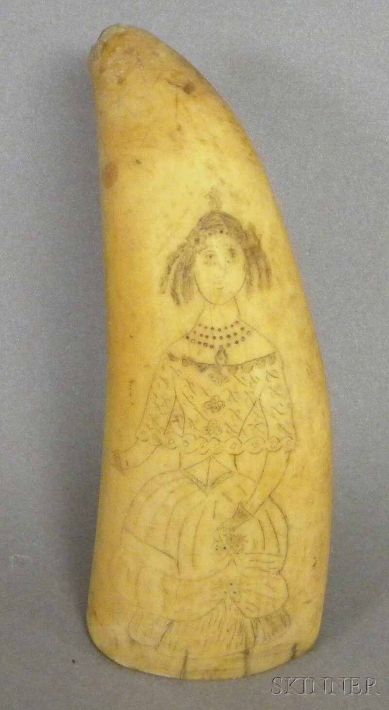 Appraisal: Scrimshaw Portrait of a Lady-decorated Whale's Tooth end chip lg