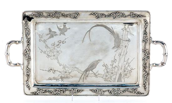 Appraisal: Japanese silver serving tray mid th century rectangular body adorned